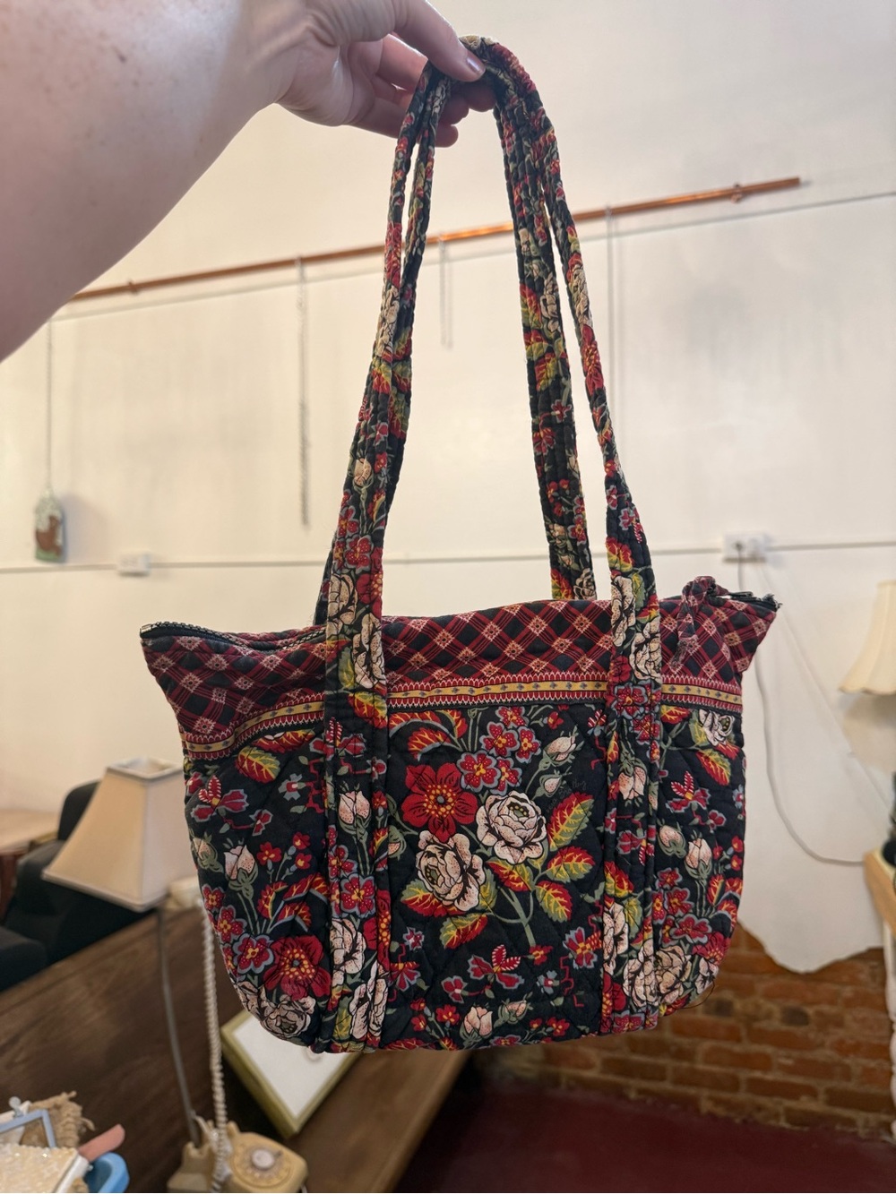 Vera Bradley Quilted Floral Tote in Black, Red and Cream
